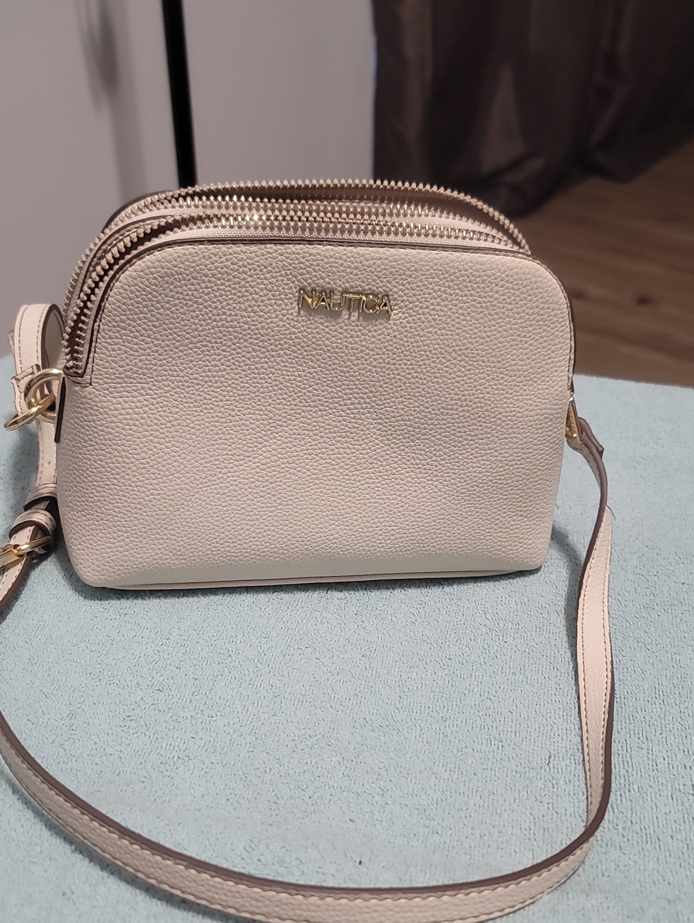 Nautica Light Cream Pebbled Crossbody Bag with Gold Hardware